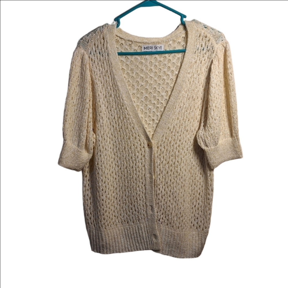 Meri Skye Cream Short Sleeve Cardigan Sweater 0X